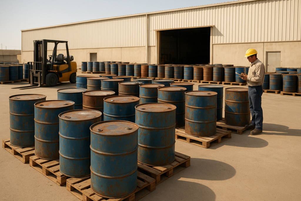 Sorted empty industrial drums awaiting steel drum recycling Dammam collection at a warehouse