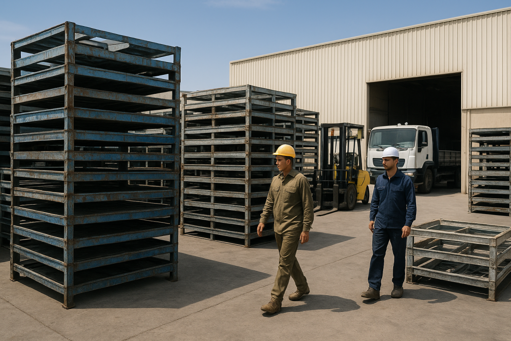 Stacked steel warehouse pallets prepared for steel pallet recycling Dammam in an industrial loading area