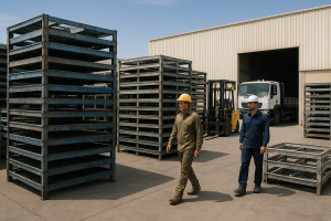 Stacked steel warehouse pallets prepared for steel pallet recycling Dammam in an industrial loading area