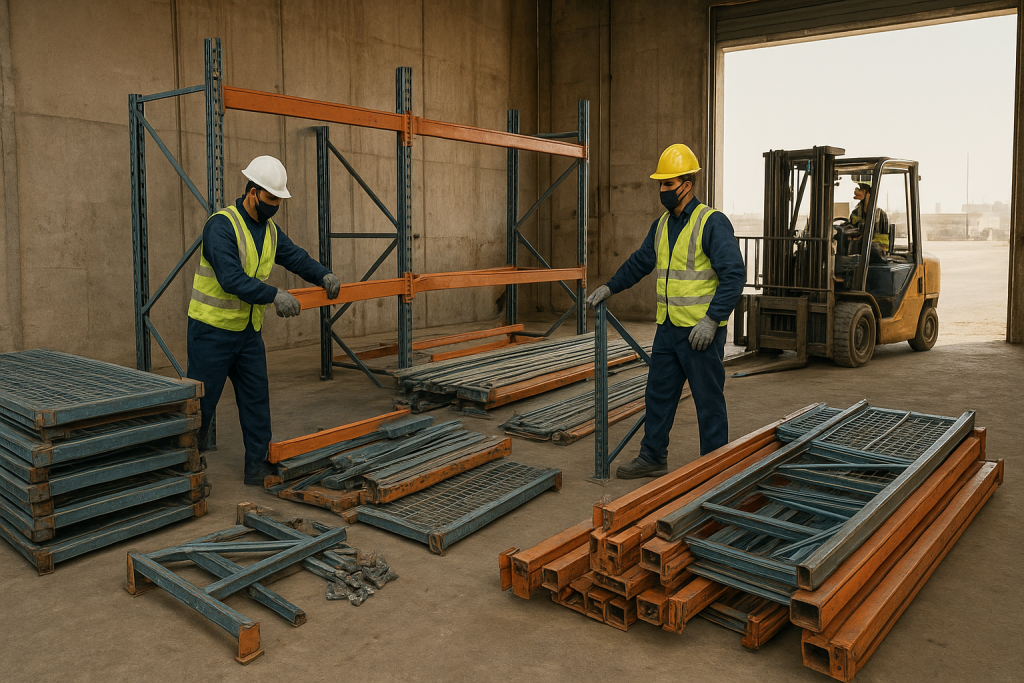Dismantled steel beams and uprights prepared for warehouse racking recycling Dammam