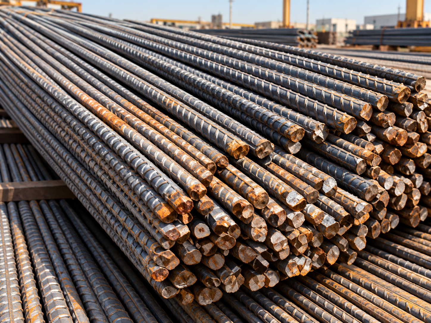 Bundled steel rebar scrap in an industrial yard
