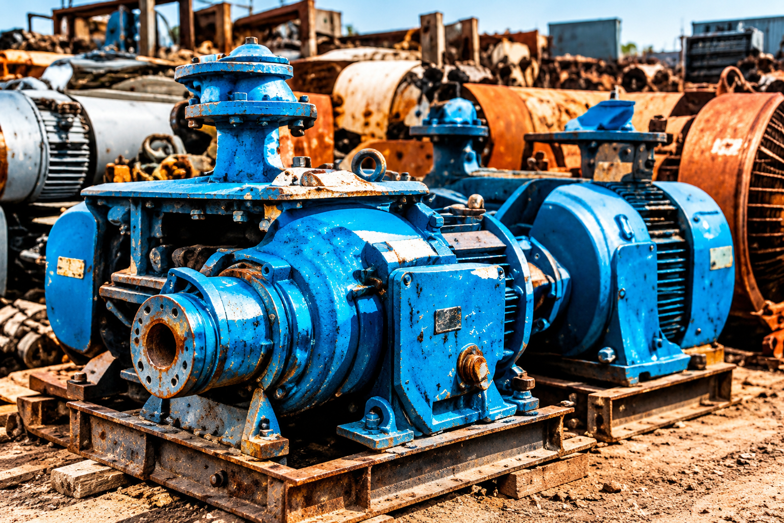 Blue industrial pump and equipment scrap