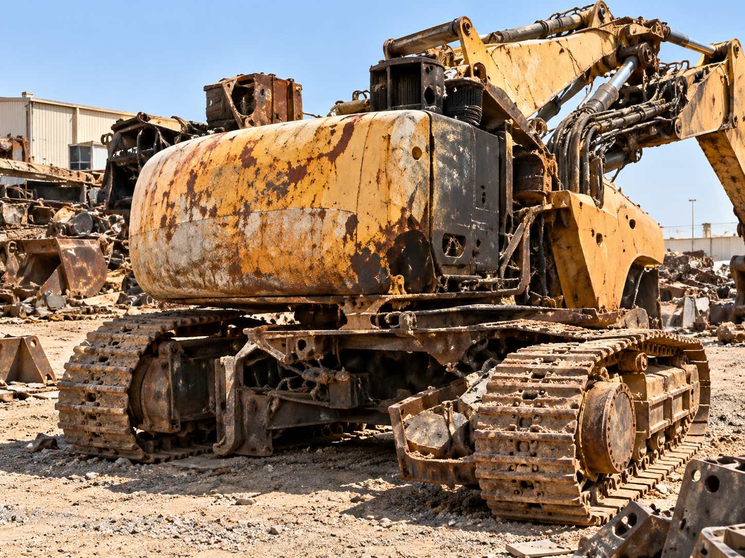 Retired excavator among sorted industrial machinery scrap