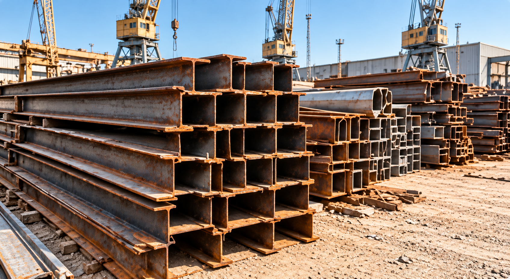 Iron & steel scrap buyer in Dammam assessing stacked steel beams