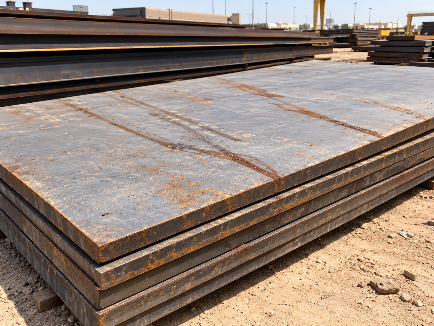 Stacked steel plate scrap in an industrial yard