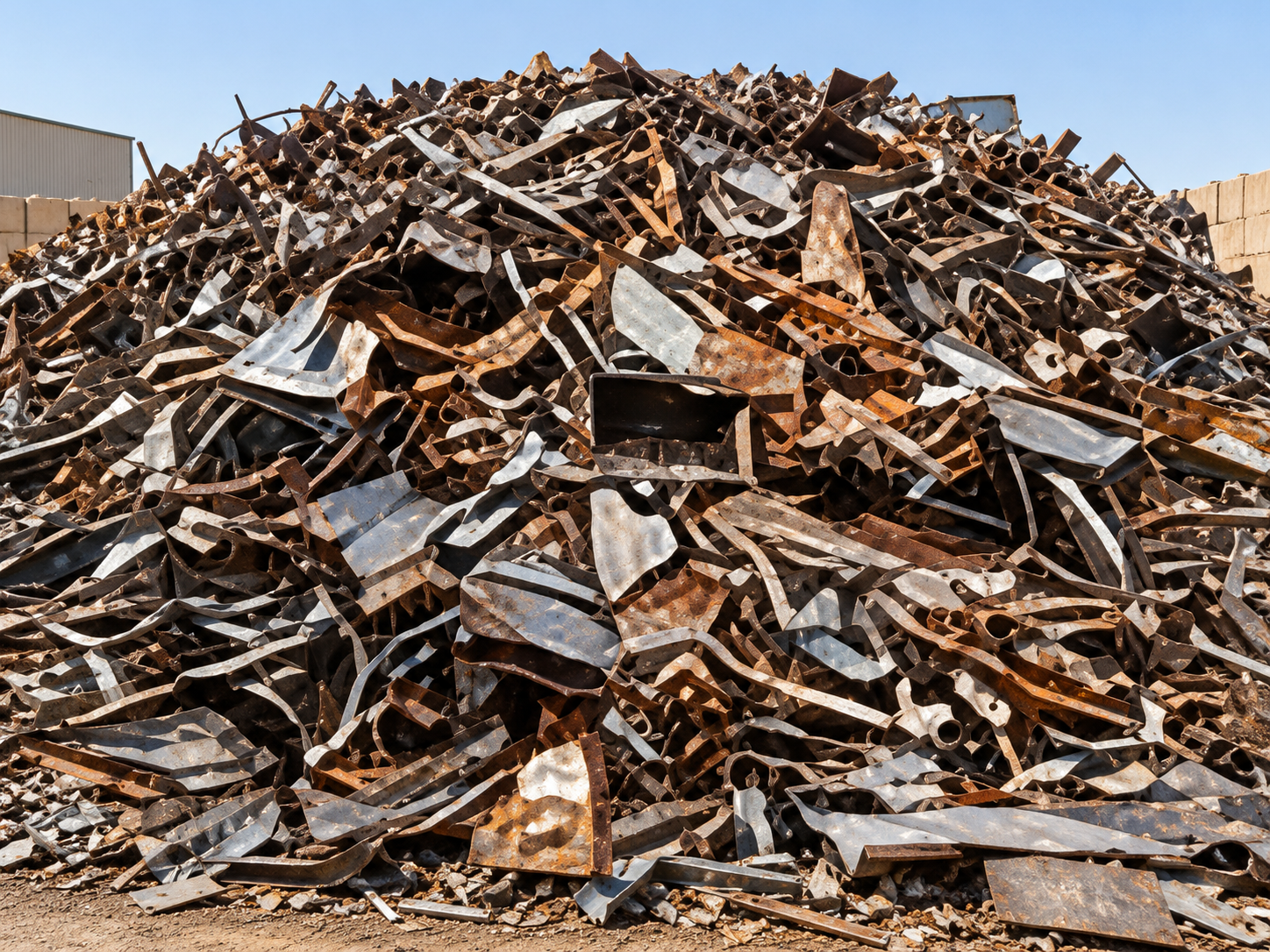 Sunlit mixed steel scrap pile in Dammam