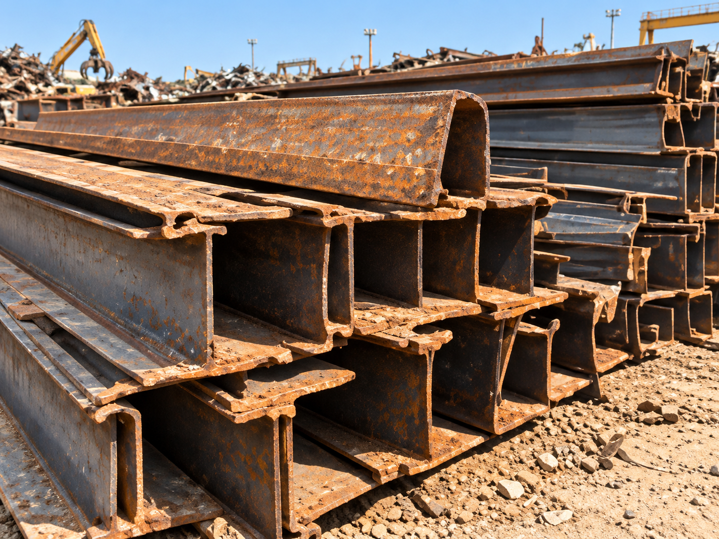 Weathered structural steel I-beams in a scrap yard