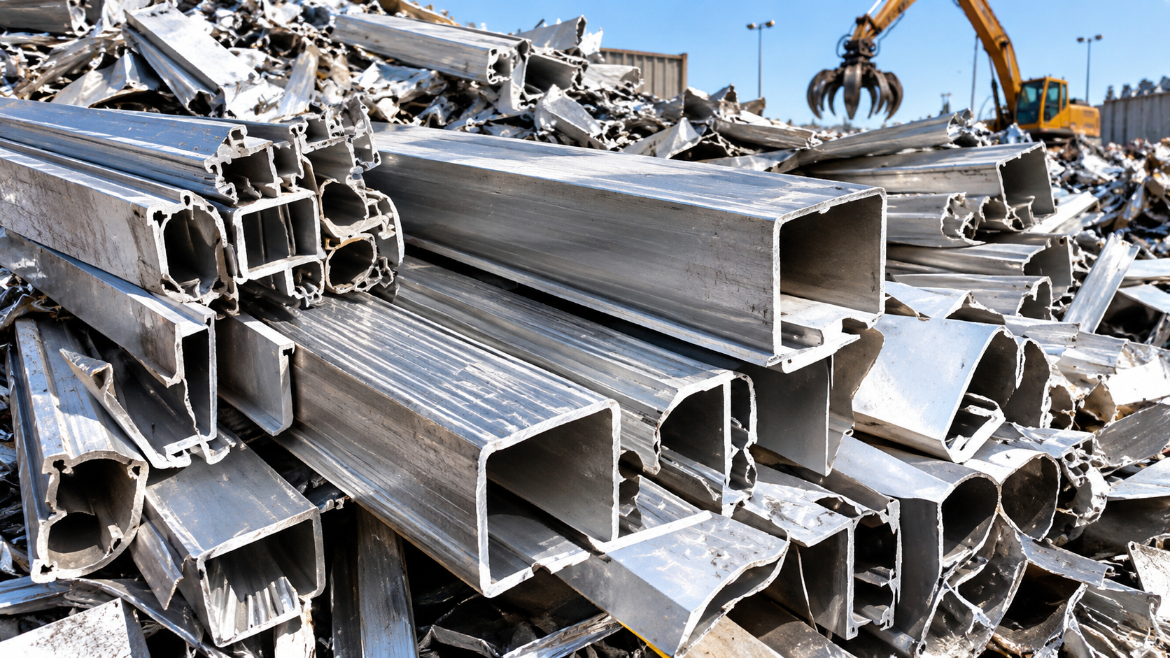 Aluminum profiles and frames stacked for metal recycling
