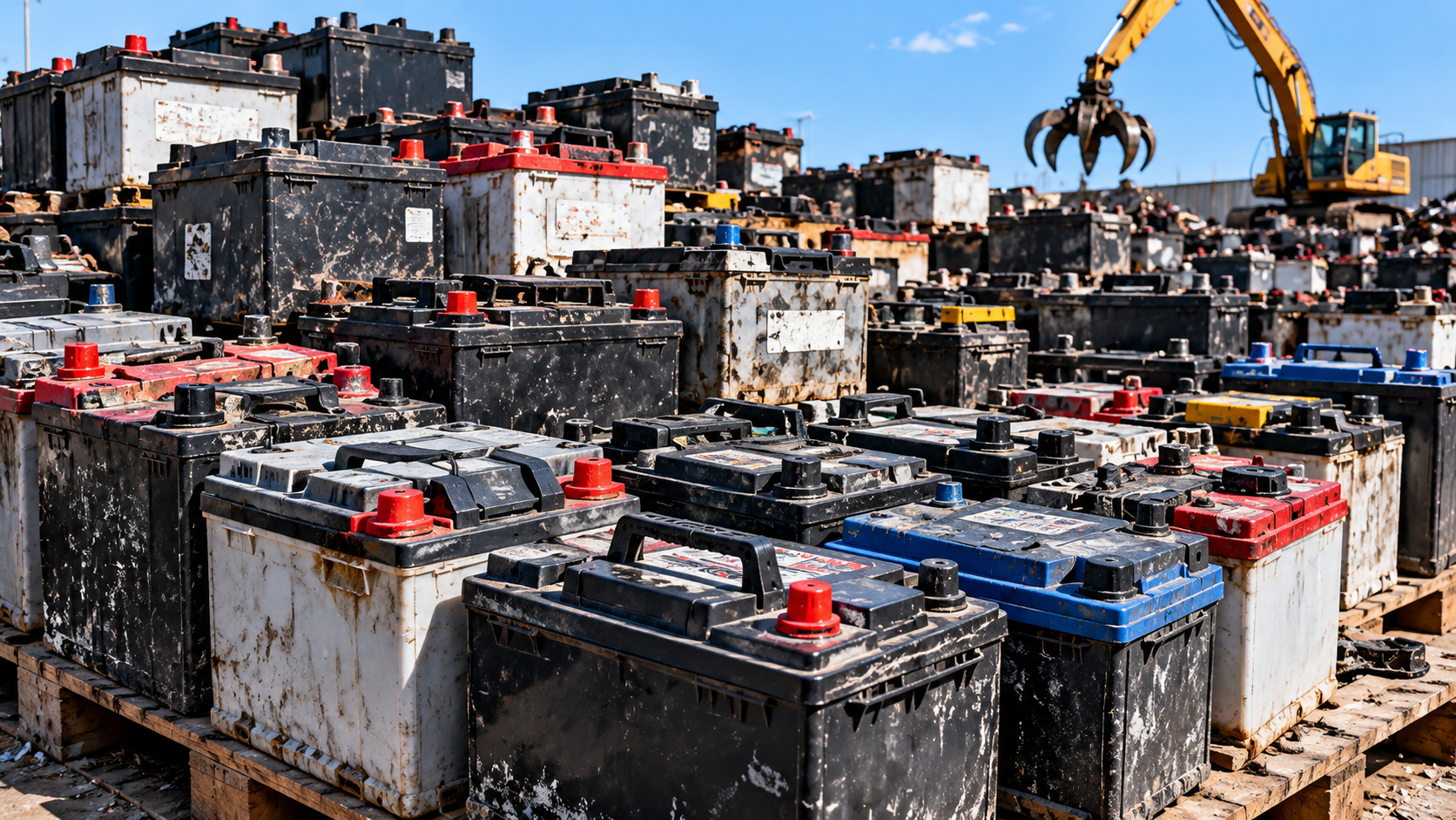 Used automotive batteries arranged at a recycling yard