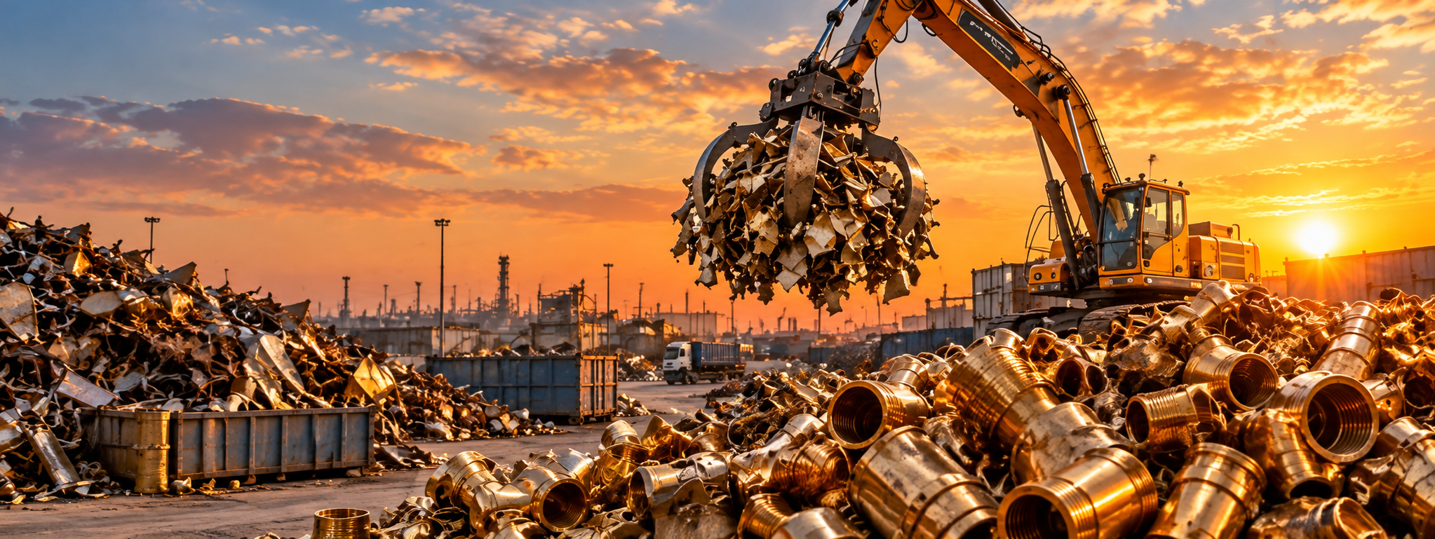 Brass scrap buyer in Dammam with brass fittings and an excavator at a recycling yard