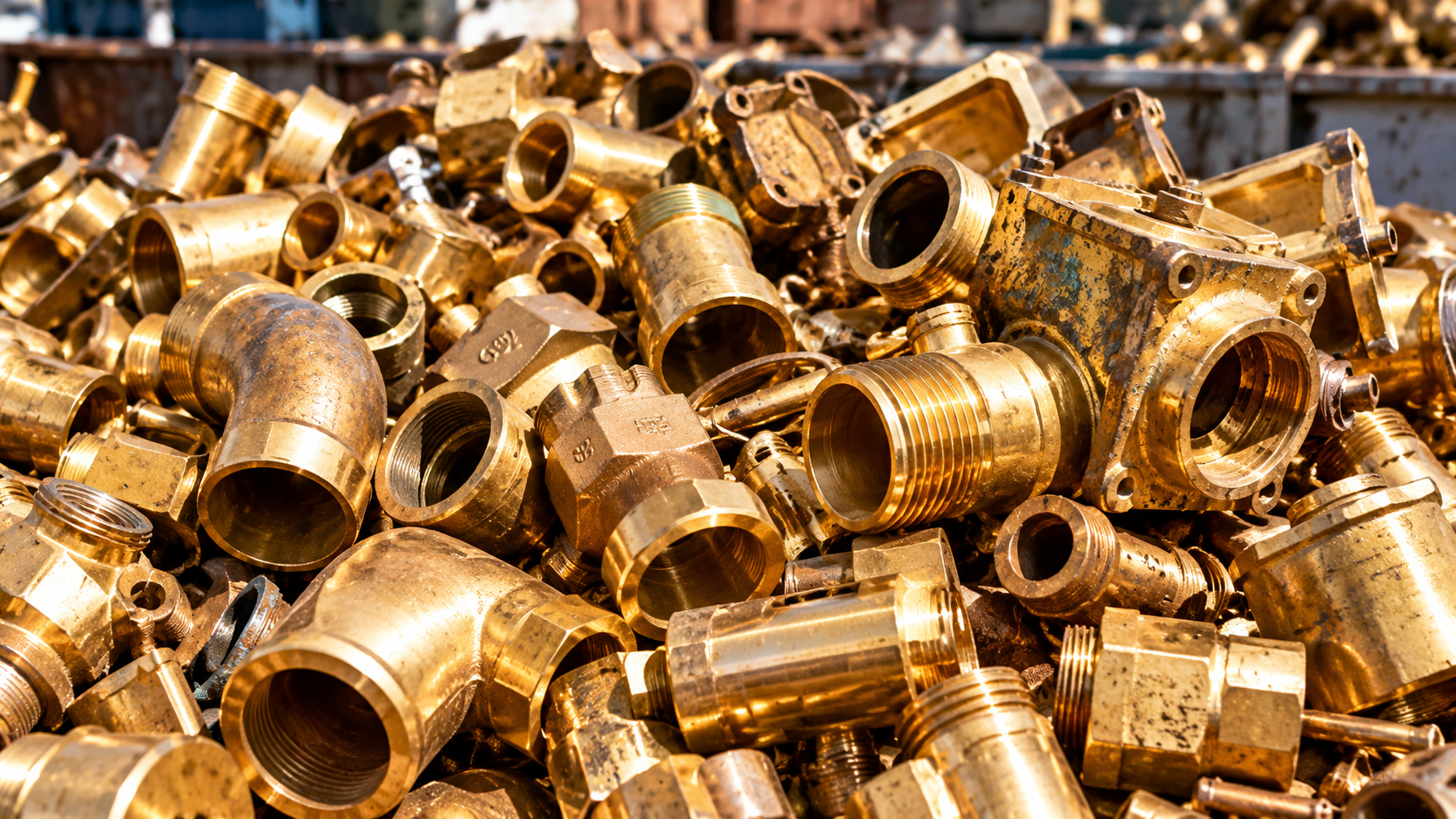 Brass valves and pipe fittings collected for recycling