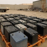 Sorted lead-acid batteries illustrating car battery scrap price Dammam factors at an industrial collection area