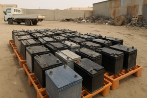 Sorted lead-acid batteries illustrating car battery scrap price Dammam factors at an industrial collection area