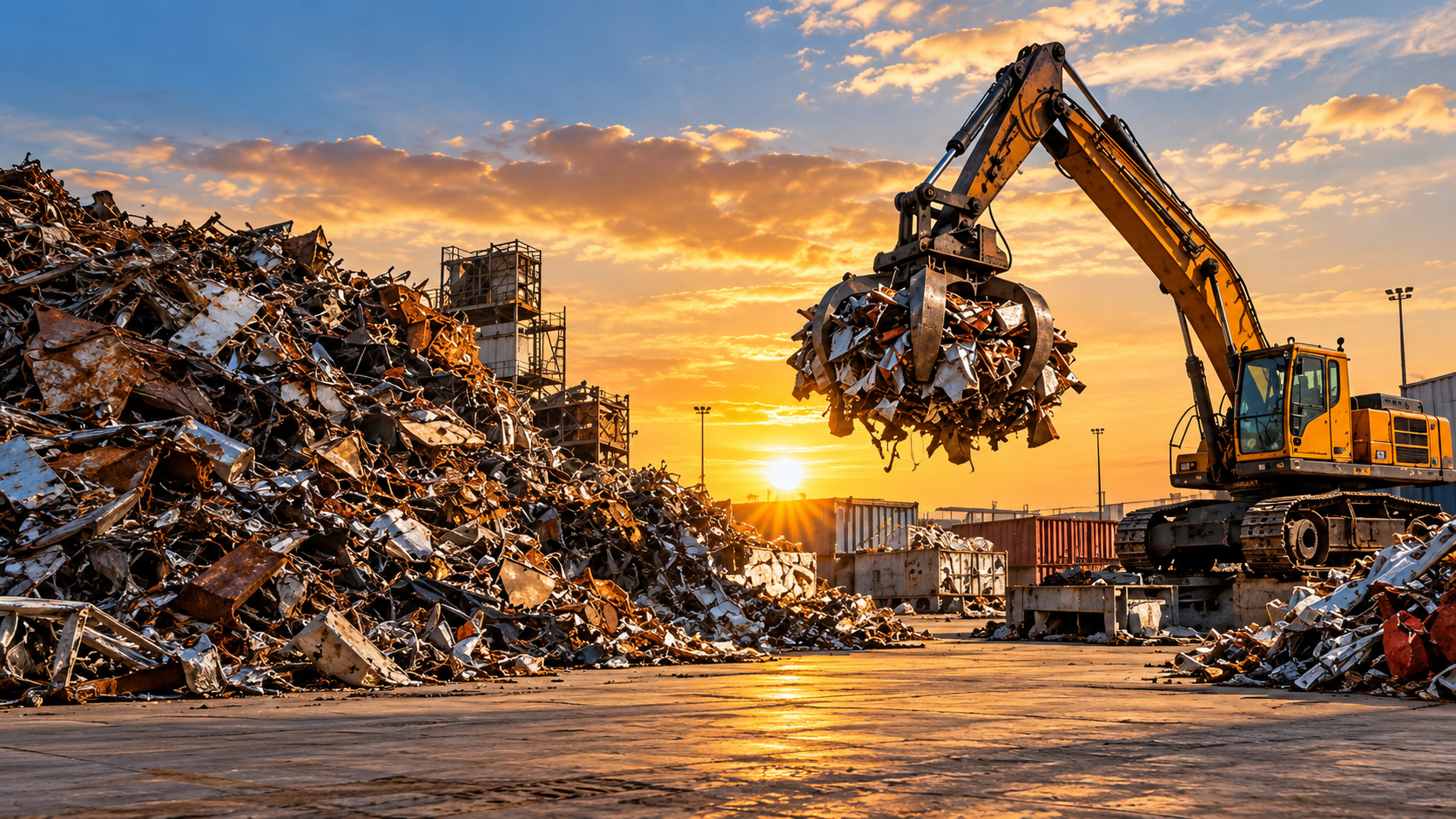 Scrap metal blog in Dammam featuring an excavator at a recycling yard