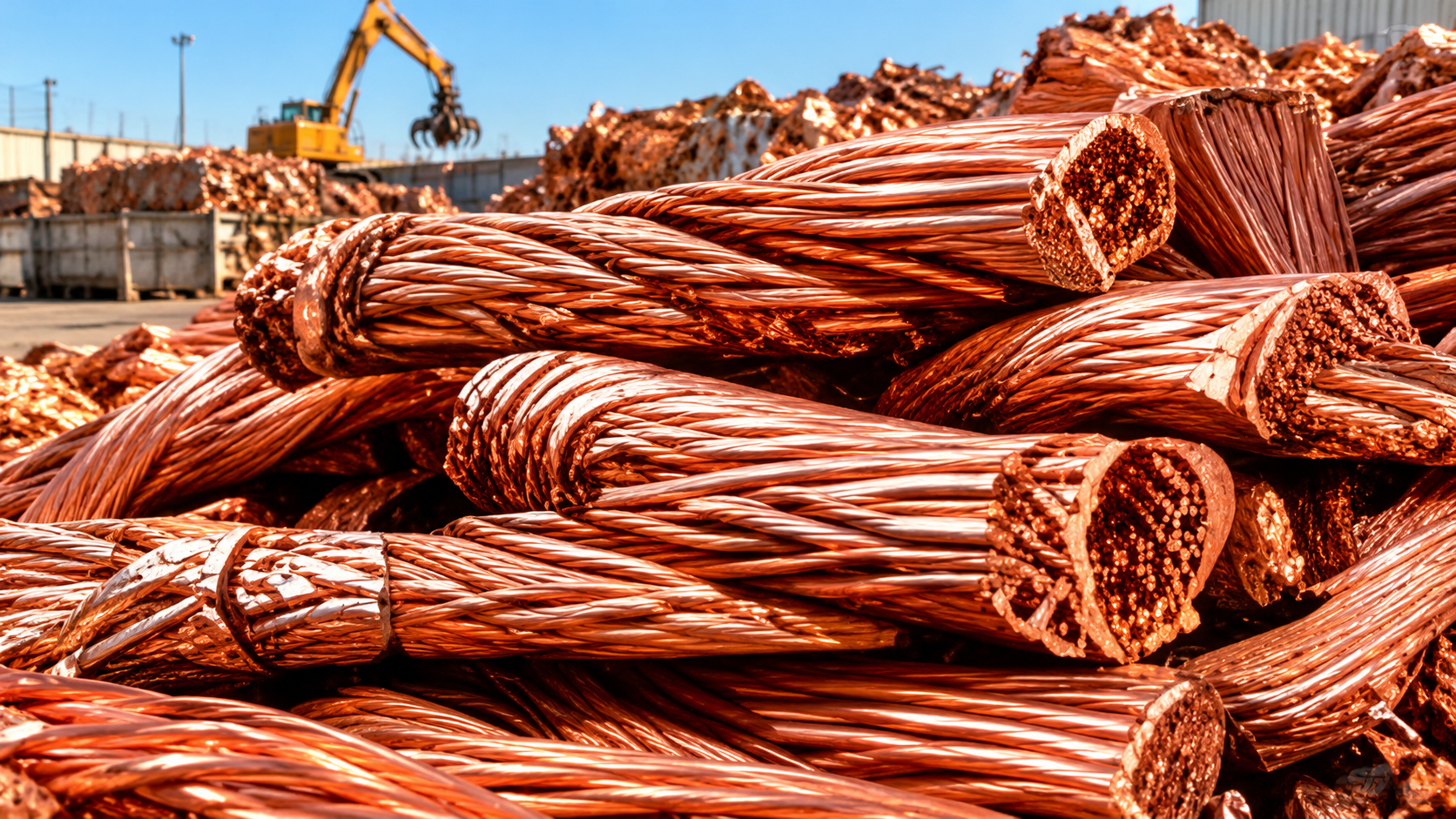 Bundles of bare copper wire scrap at a recycling yard