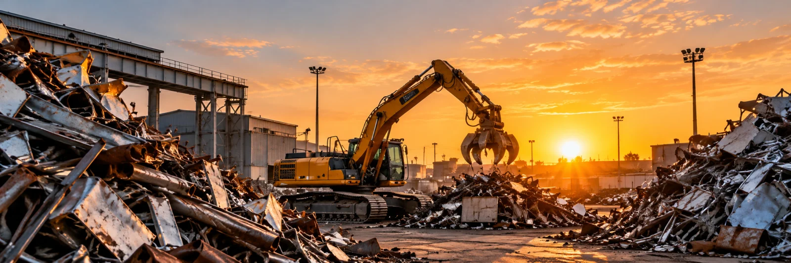 Excavator and demolition metal scrap at sunset