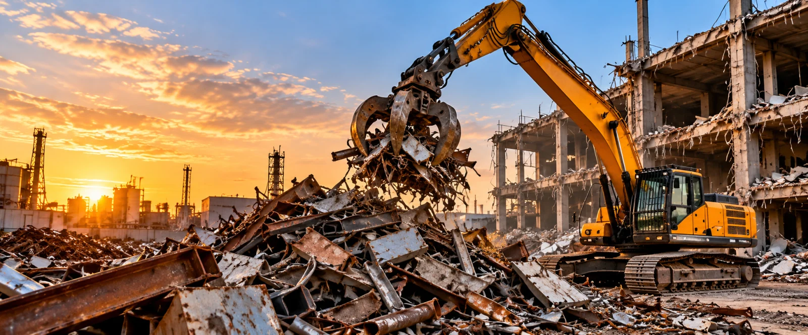Demolition scrap buyer in Dammam with excavators sorting metal at a demolition site