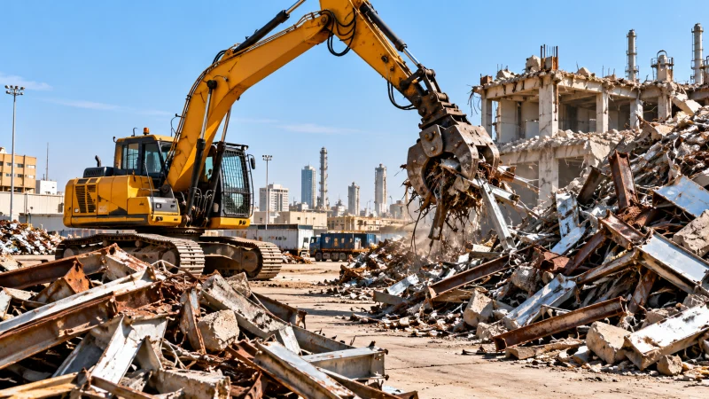 Excavator working beside separated demolition material