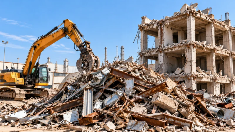 Partially dismantled building with recovered demolition material