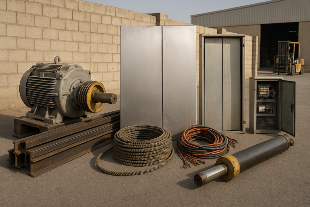 Decommissioned lift motors, steel rails, cables, and doors for elevator equipment recycling Dammam