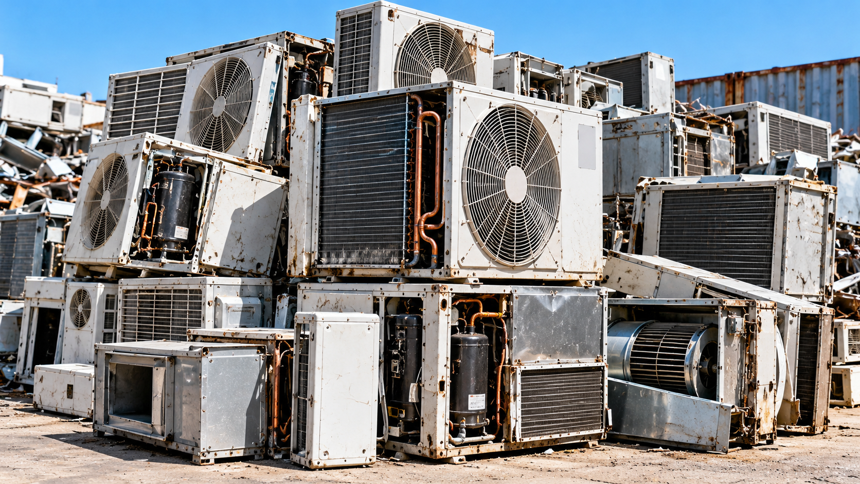 Used air conditioning units and condensers stacked for recycling