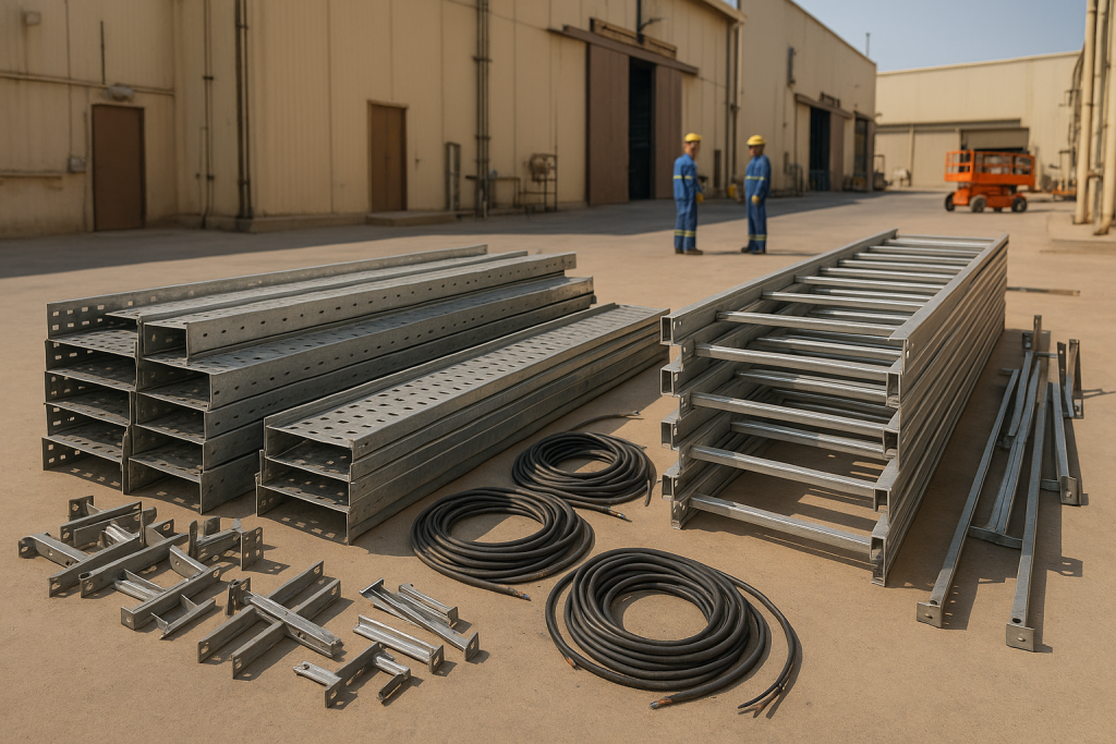 Sorted steel and aluminum trays during industrial cable tray removal Dammam