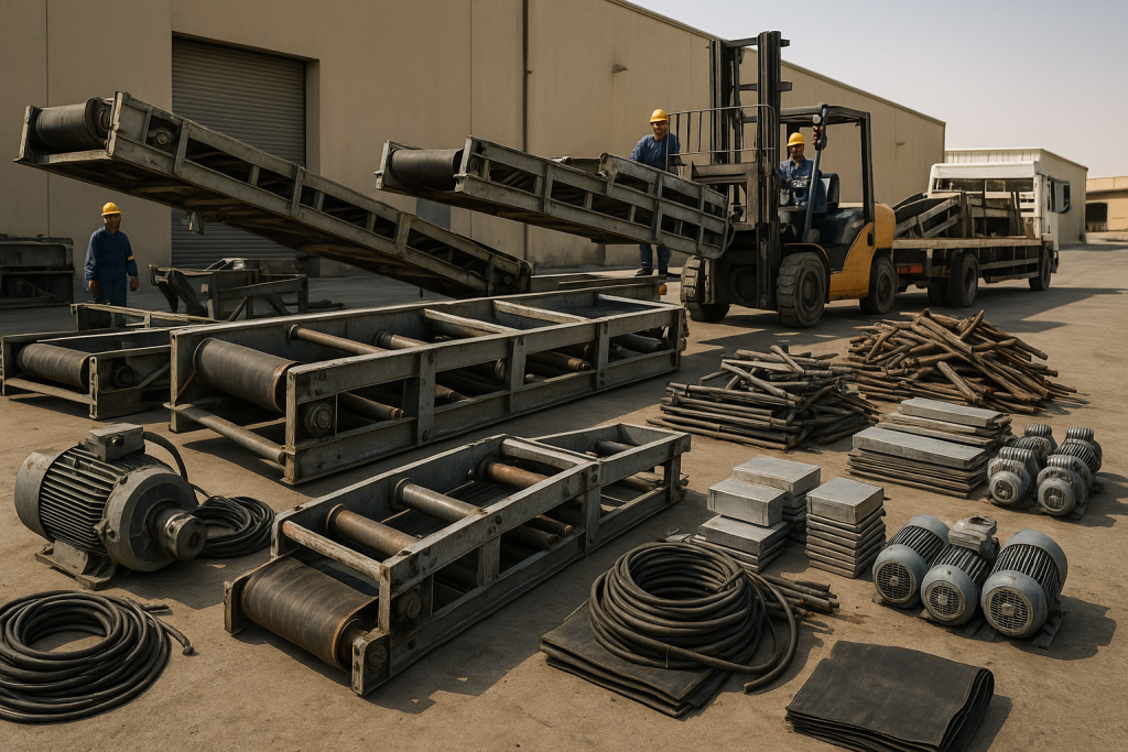 Steel conveyor sections prepared after industrial conveyor dismantling Dammam at a factory loading area