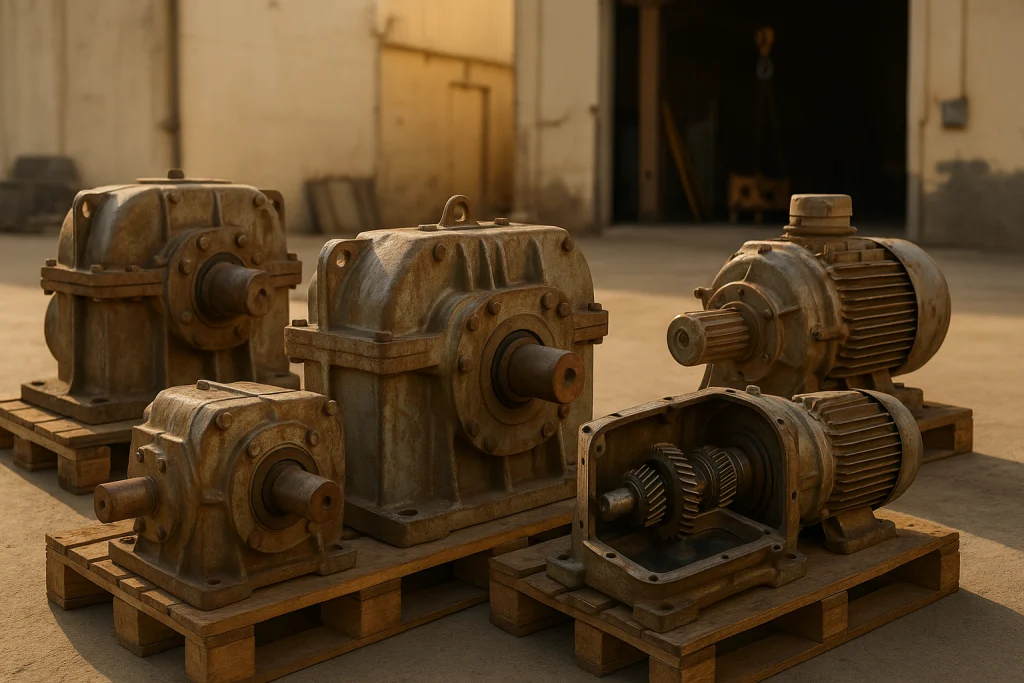 Obsolete cast-iron units prepared for industrial gearbox recycling Dammam at an industrial site