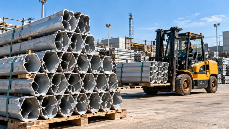 Forklift beside stacked metal profiles in an industrial scrap yard