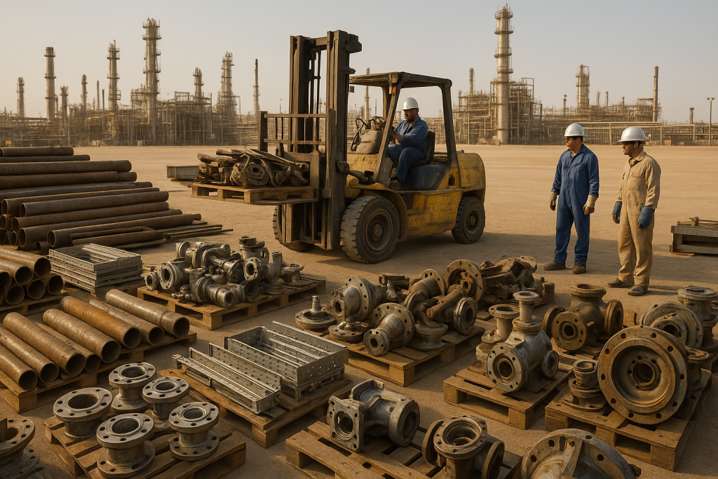 Sorted steel pipes and valves awaiting industrial turnaround scrap removal Dammam