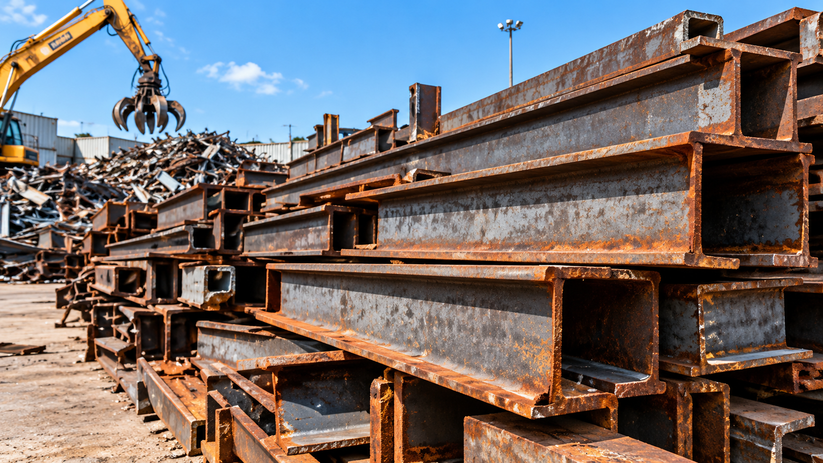 Steel I-beams stacked at a scrap metal yard