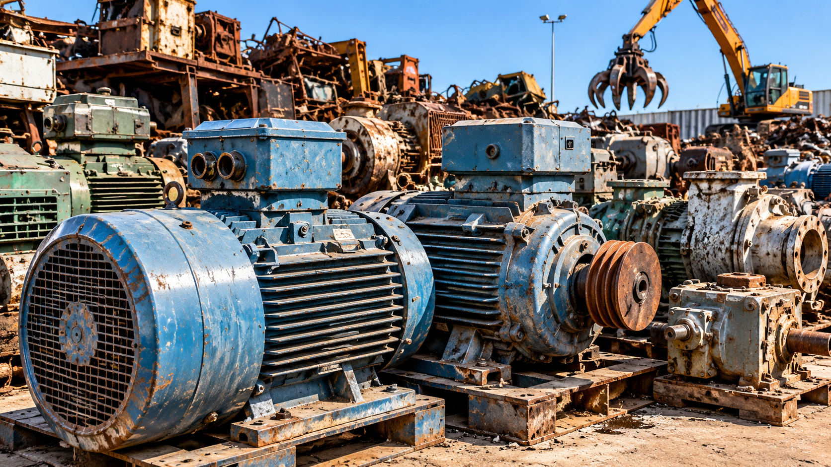 Used industrial motors and machinery at a scrap yard