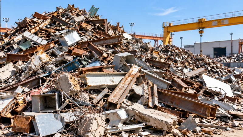 Mixed steel and metal scrap from a demolition clearance