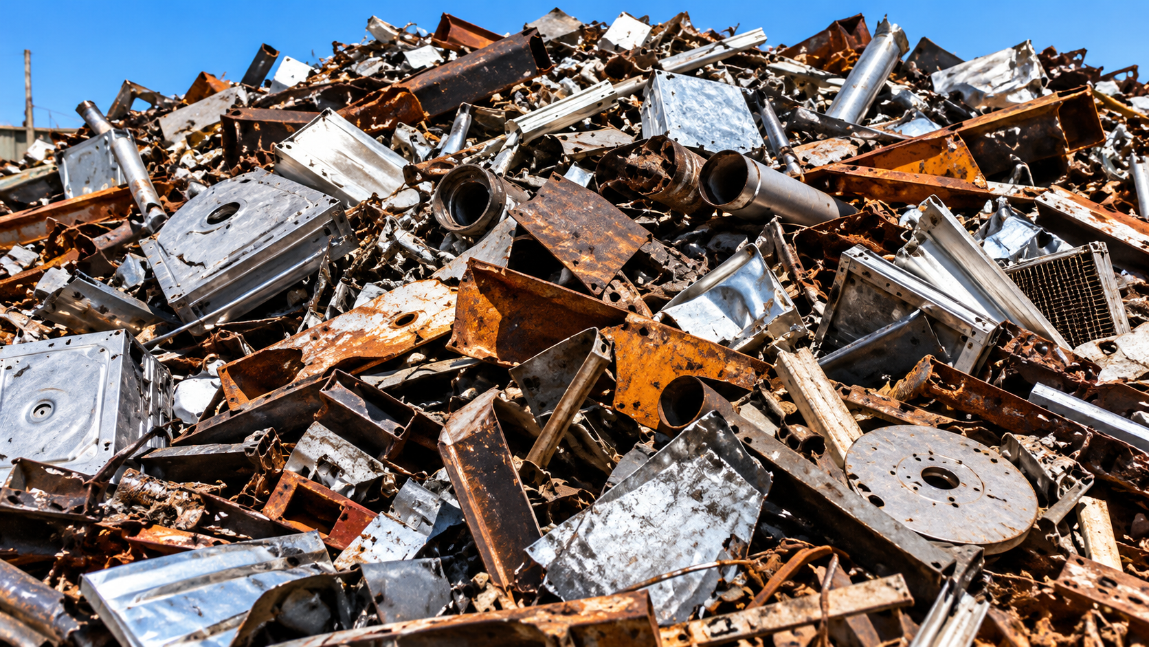 Mixed steel and industrial metal scrap piled at a recycling yard