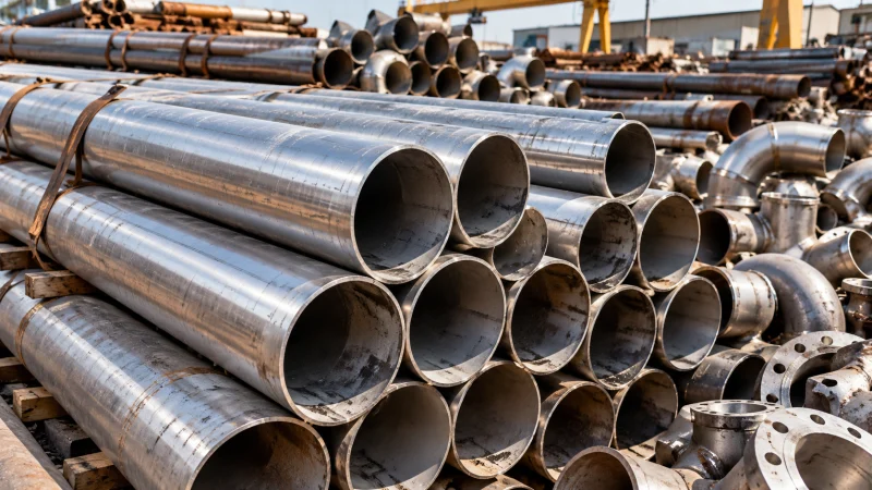 Stacked metal pipes and tube fittings for scrap assessment