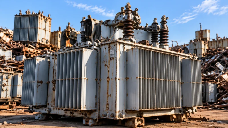 Power Transformer Scrap in Dammam Retired power transformers in an industrial scrap yard