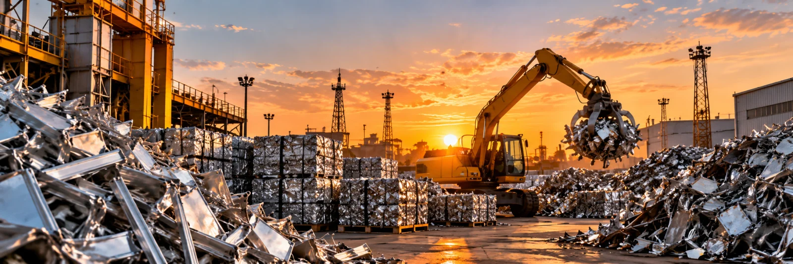 Privacy Policy Questions — Contact Metal Scrap Dammam Industrial scrap recycling yard at sunset
