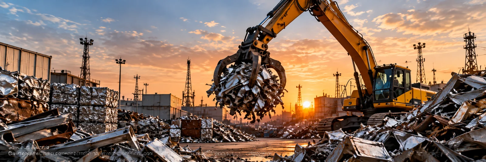 Privacy Policy — Metal Scrap Dammam Scrap handling excavator in an industrial recycling yard at sunset