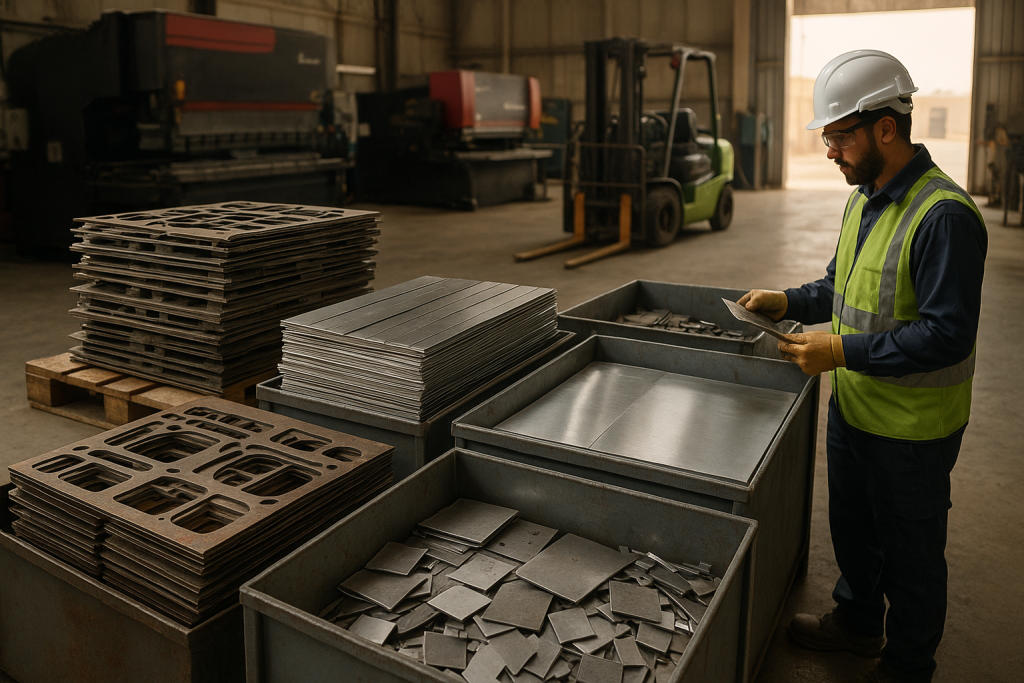 Sorted fabrication remnants prepared for sheet metal offcuts recycling Dammam in an industrial workshop