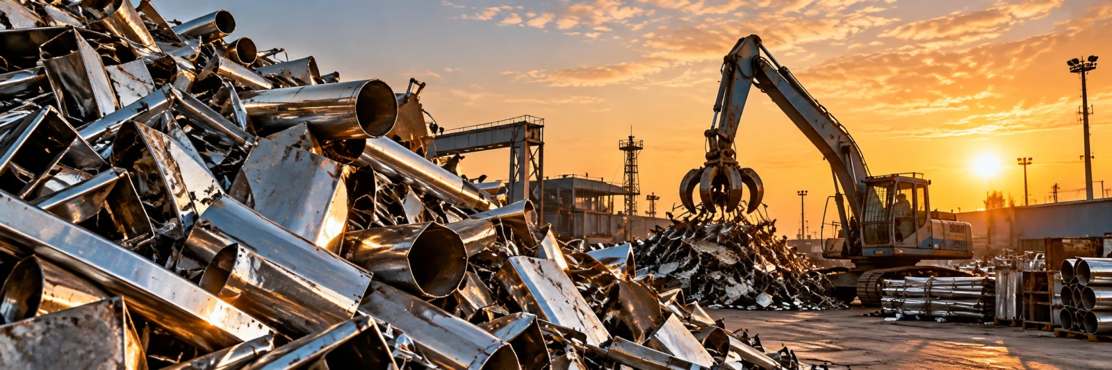 Stainless steel scrap yard at sunset