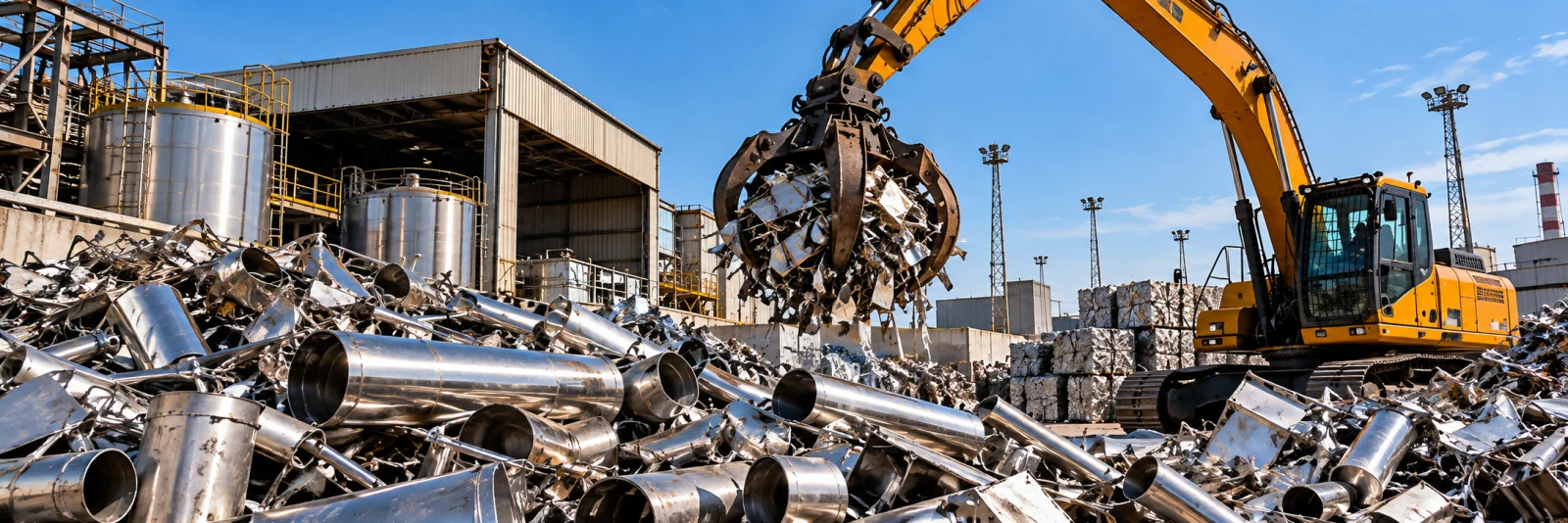 Stainless steel scrap buyer in Dammam yard with pipes and an excavator