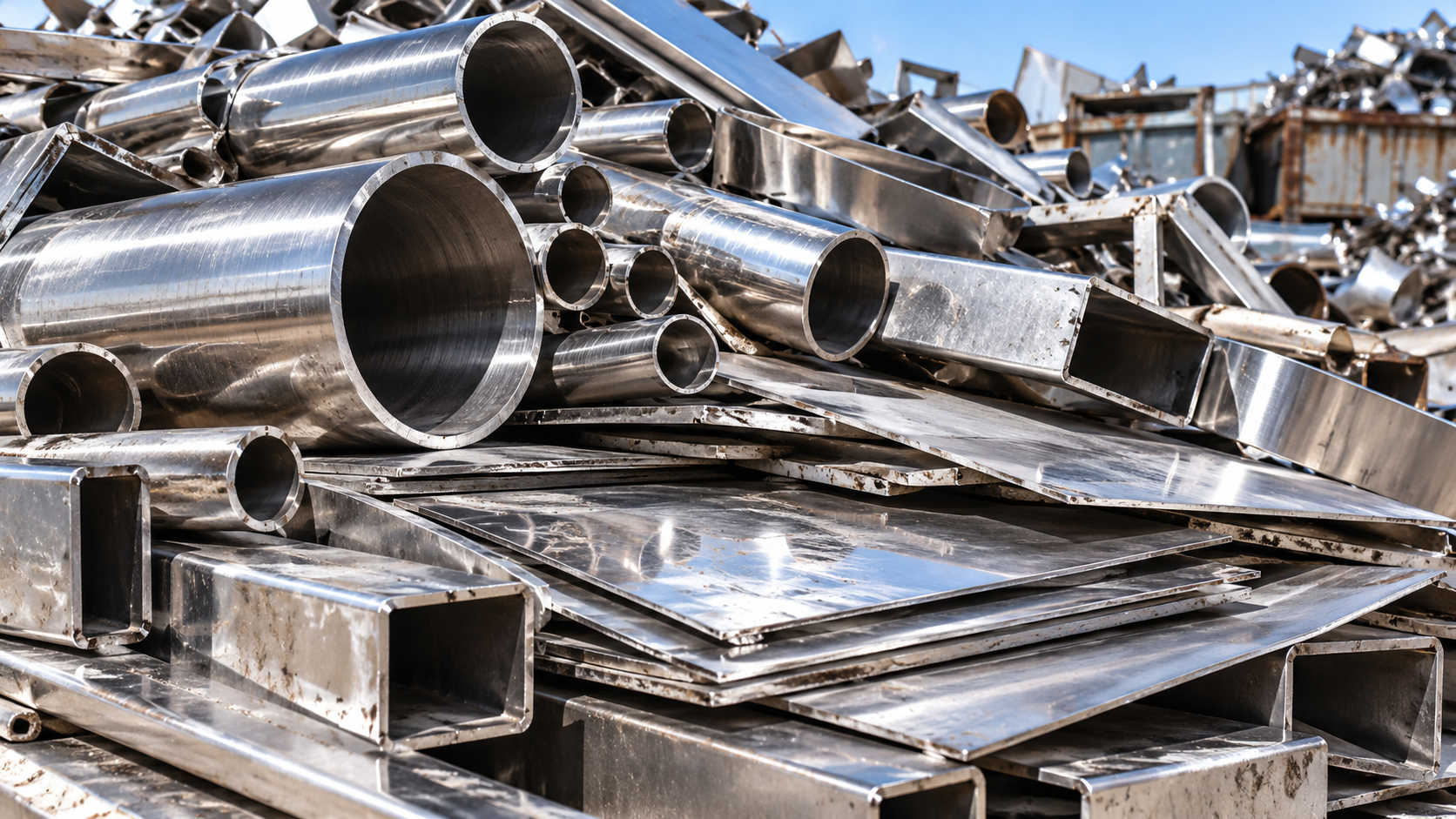 Stainless steel pipes and sheets stacked for recycling