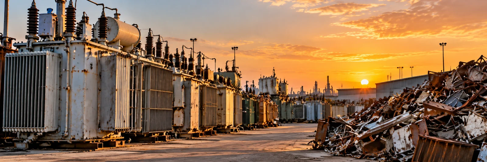 Sell Transformer Scrap in Dammam — Contact Banner Transformer scrap units in an industrial yard at sunset