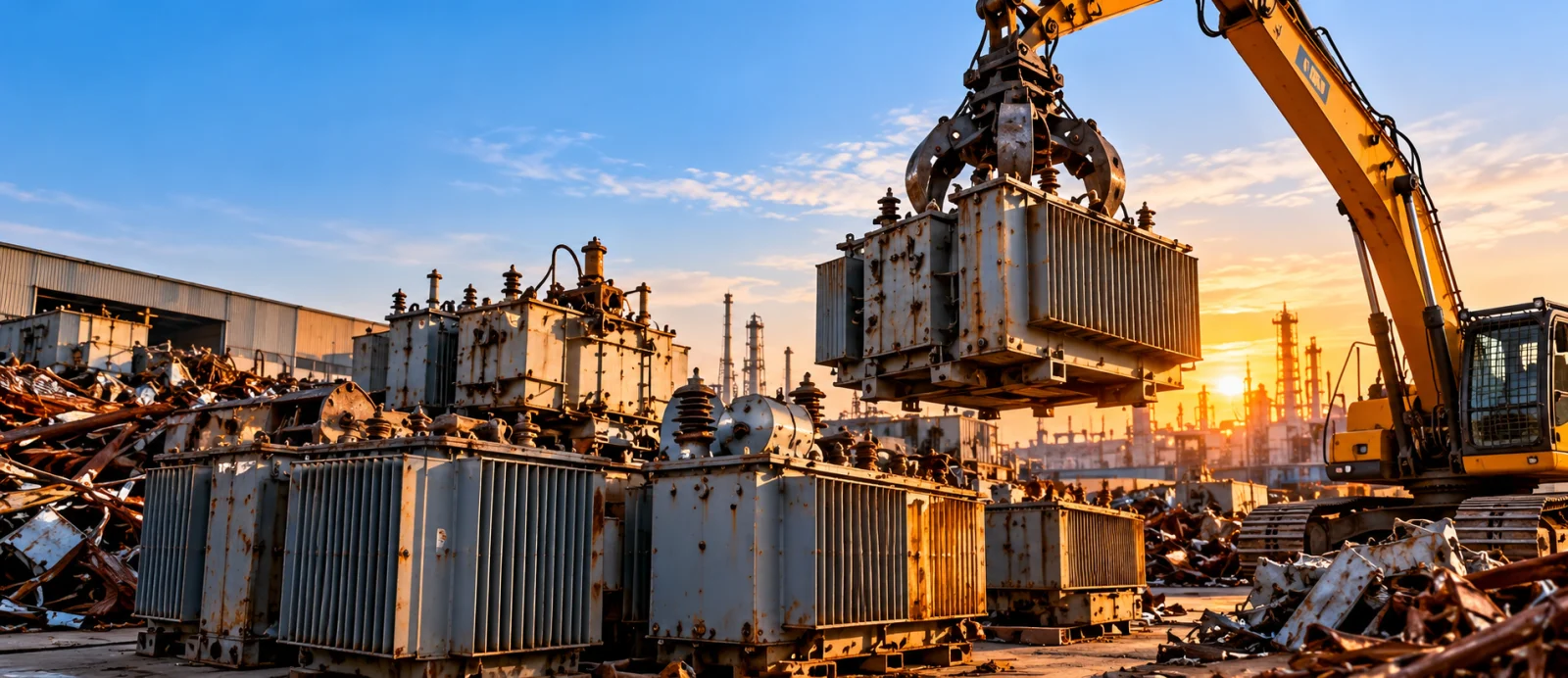 Transformer Scrap Buyer in Dammam — Hero Transformer scrap buyer in Dammam with transformers and a lifting excavator