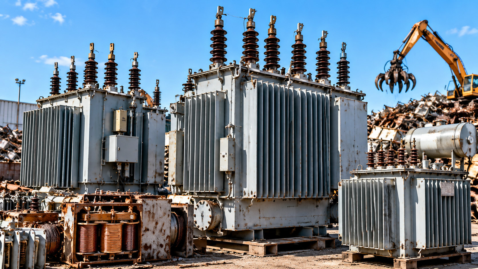 Old electrical transformers stored at a metal recycling yard