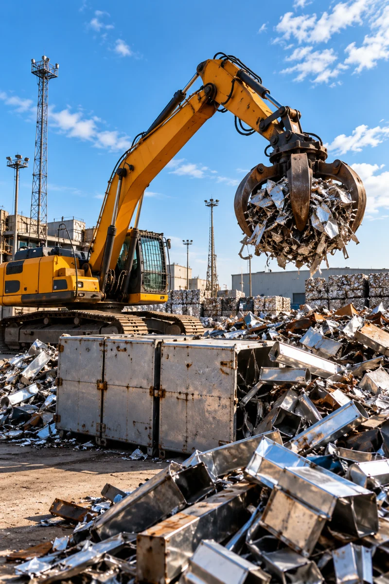 Excavator handling recyclable metal at a scrap yard